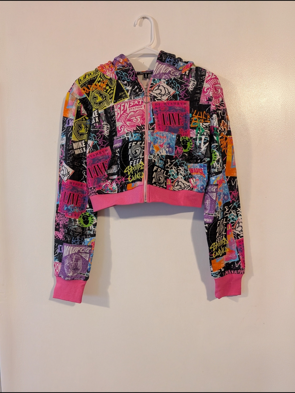 Dolls Kill Cropped Zip Hoodie in Multi Neon Patchwork with Pink Trim